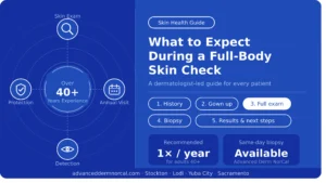 Full-body skin check with a dermatologist at Advanced Dermatology & Skin Cancer Specialists in Stockton, Lodi, Yuba City, and Sacramento, CA