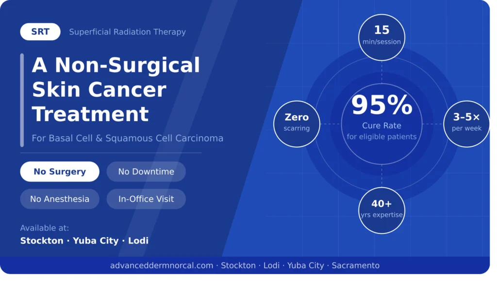 SRT Superficial Radiation Therapy for skin cancer treatment — non-surgical option at Advanced Dermatology & Skin Cancer Specialists, Stockton, Yuba City, and Lodi, CA